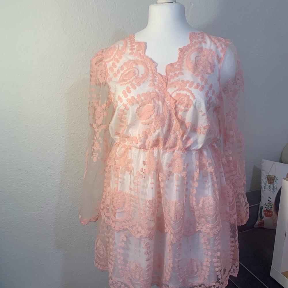 Boohoo Plus Pink Lace Midi Dress